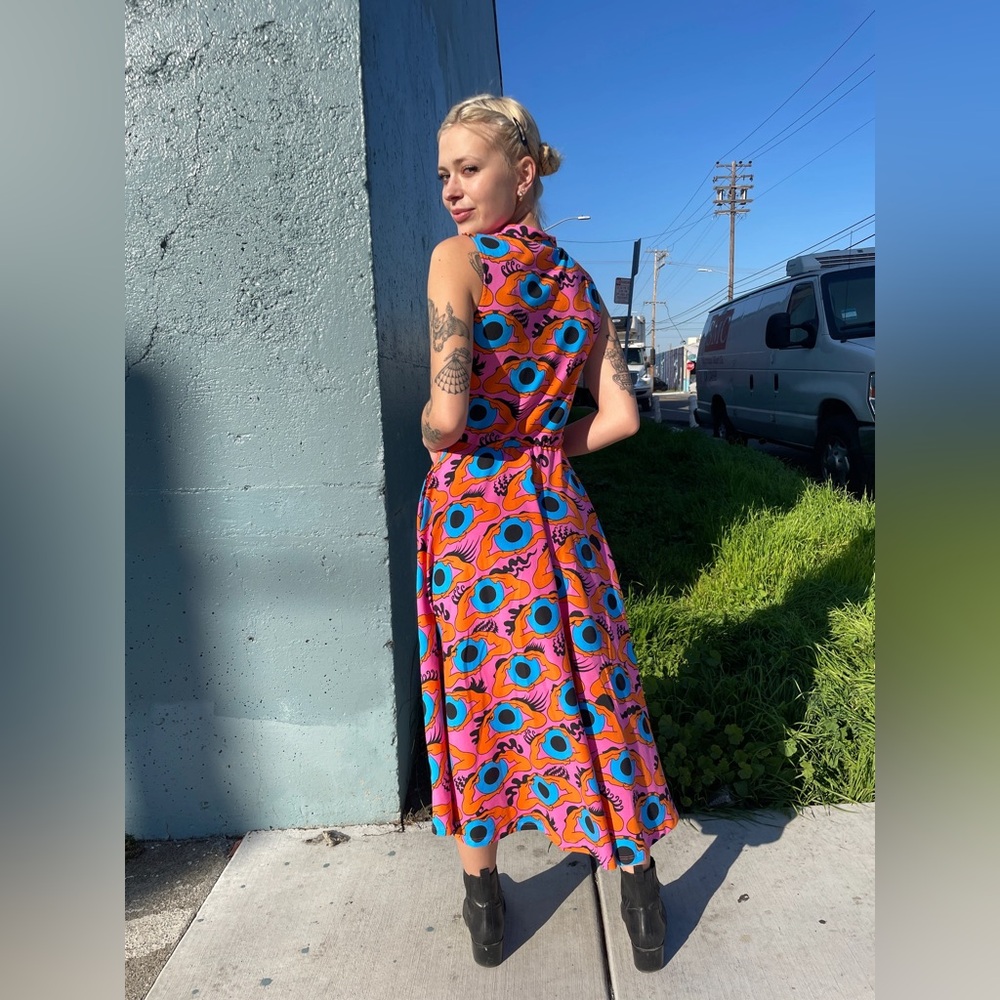 Nooworks Pink and Blue Eye Pattern Midi Dress